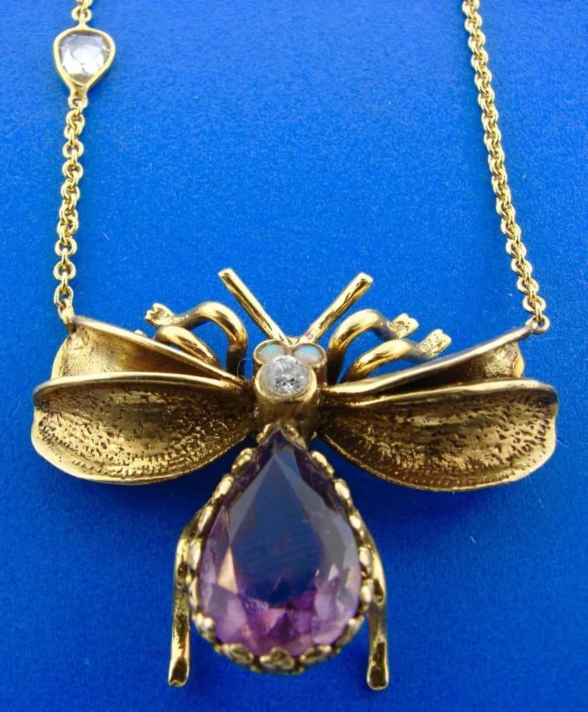 14k Bug Insect Fly Necklace with Amethyst, Opal & Diamonds - 2