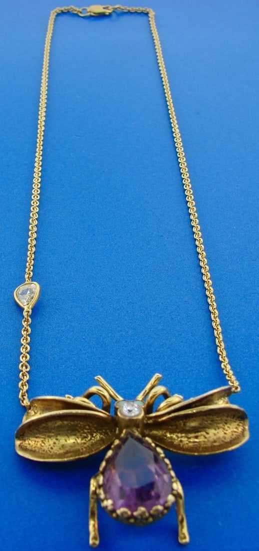 14k Bug Insect Fly Necklace with Amethyst, Opal & Diamonds - 4