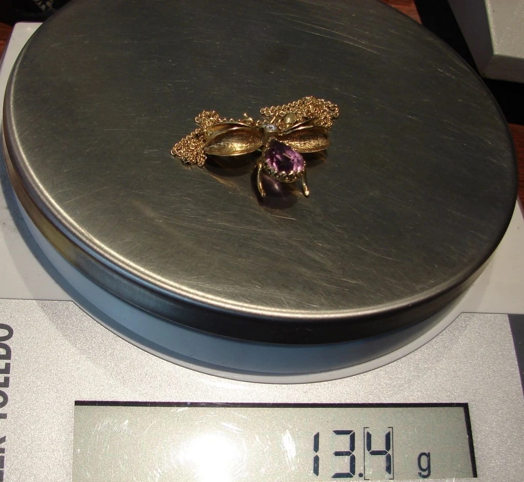 14k Bug Insect Fly Necklace with Amethyst, Opal & Diamonds - 5