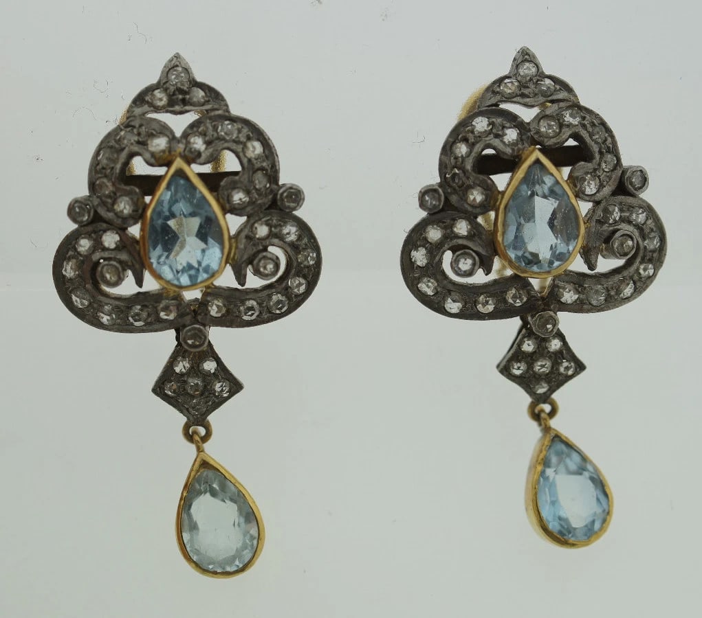 14K GOLD SILVER ROSE CUT DIAMOND AQUAMARINE EARRINGS CLIP ON C1950 VINTAGE - 2