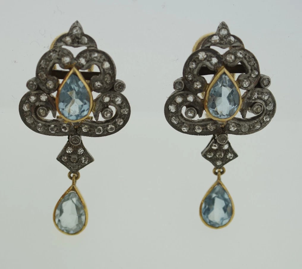 14K GOLD SILVER ROSE CUT DIAMOND AQUAMARINE EARRINGS CLIP ON C1950 VINTAGE - 3