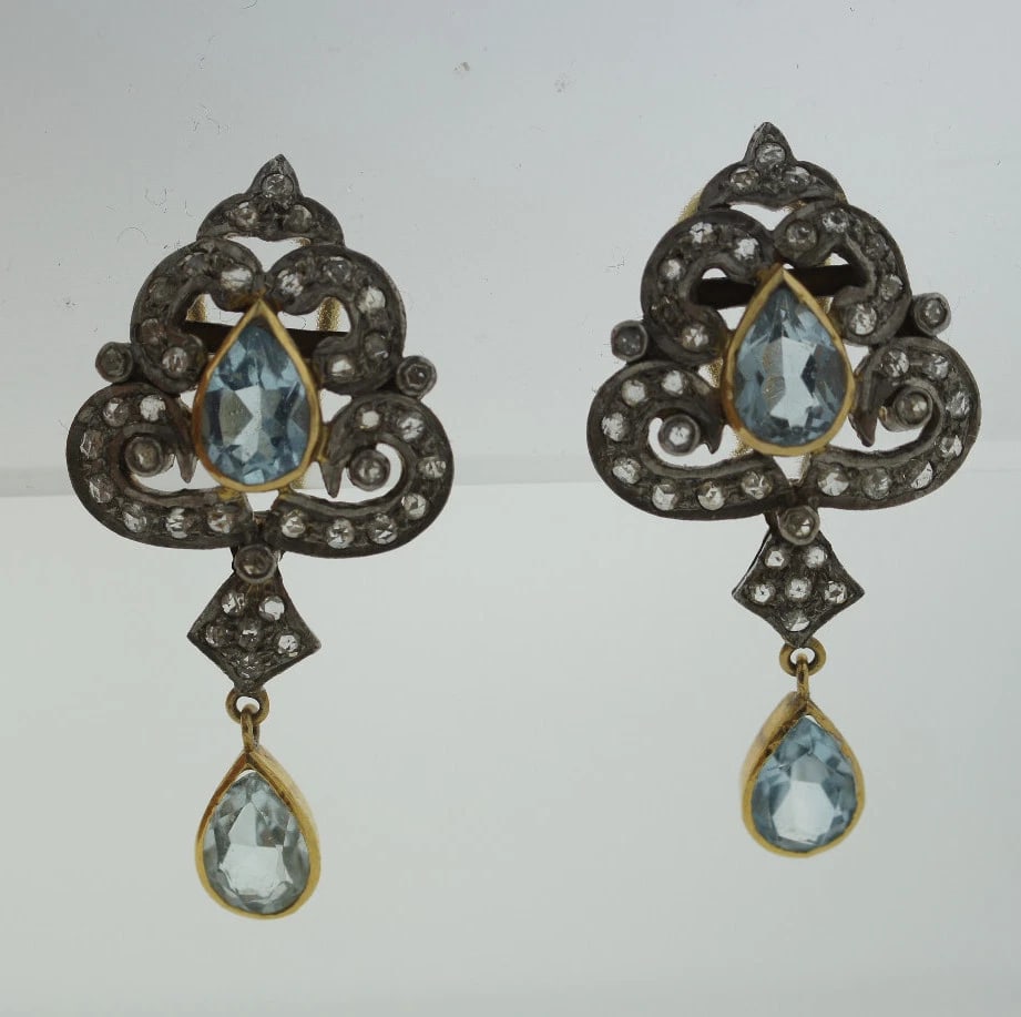 14K GOLD SILVER ROSE CUT DIAMOND AQUAMARINE EARRINGS CLIP ON C1950 VINTAGE - 4