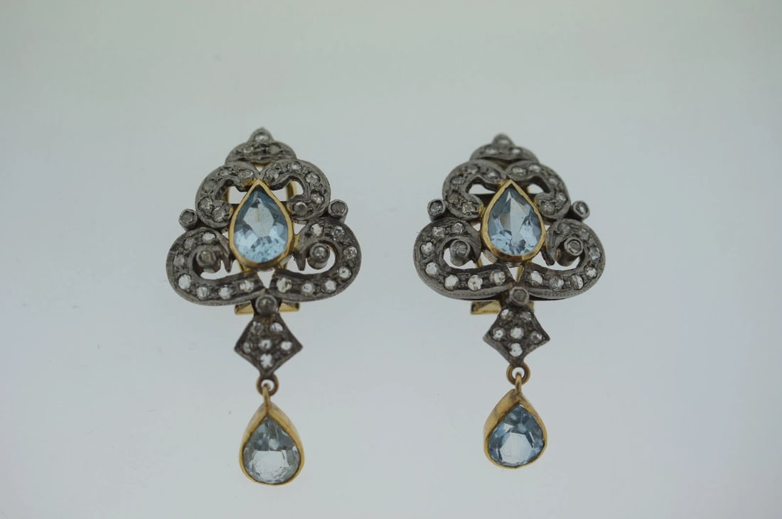14K GOLD SILVER ROSE CUT DIAMOND AQUAMARINE EARRINGS CLIP ON C1950 VINTAGE - 5