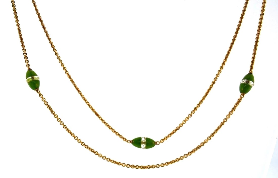 14k Yellow Gold Chrysoprase and Chrystal Chain - 2