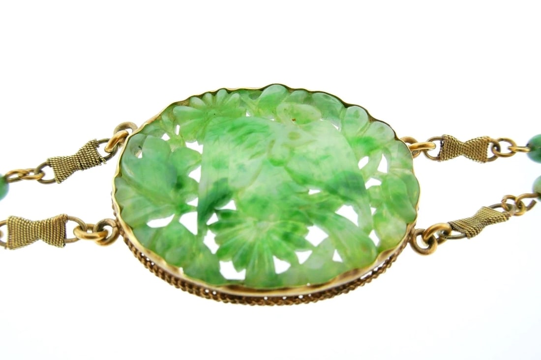 14k Yellow Gold Carved Jade Antique Bracelet - 2