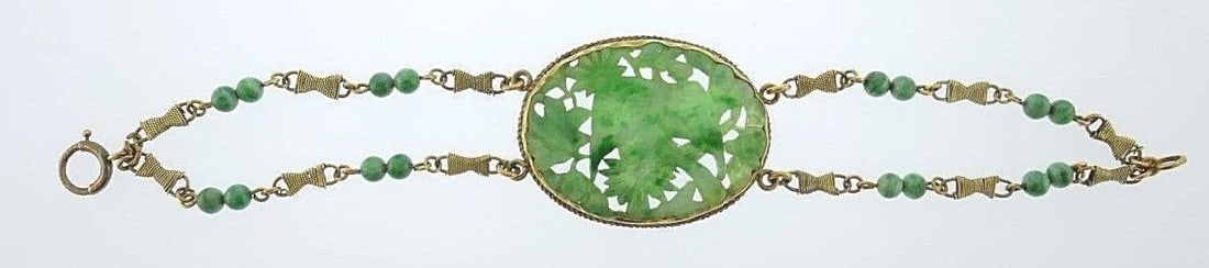 14k Yellow Gold Carved Jade Antique Bracelet - 3