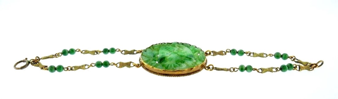 14k Yellow Gold Carved Jade Antique Bracelet - 4