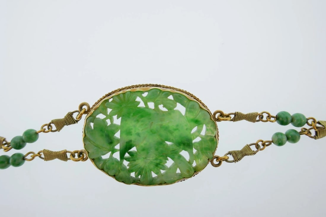14k Yellow Gold Carved Jade Antique Bracelet - 5