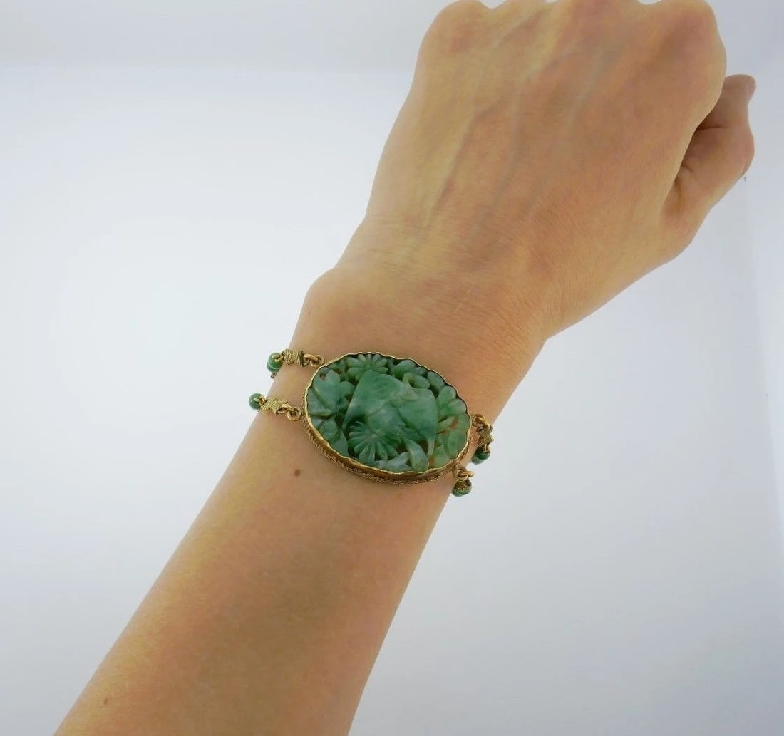 14k Yellow Gold Carved Jade Antique Bracelet - 7