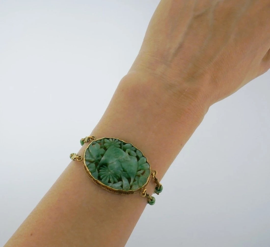 14k Yellow Gold Carved Jade Antique Bracelet - 8