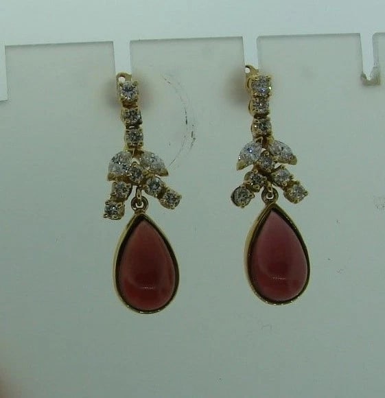 14K YELLOW GOLD DIAMOND GARNET DANGLE GORGEOUS EARRINGS STAMPED - 2