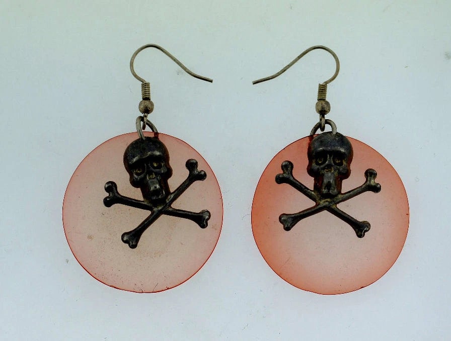 ACRYLIC SKULL STERLING SILVER HANGING EARRINGS PINK CIRCLE FANCY UNIQUE - 2