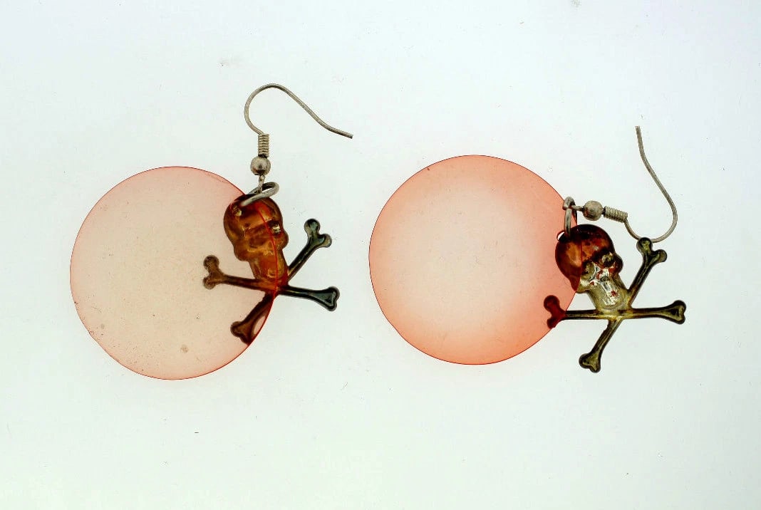 ACRYLIC SKULL STERLING SILVER HANGING EARRINGS PINK CIRCLE FANCY UNIQUE - 5