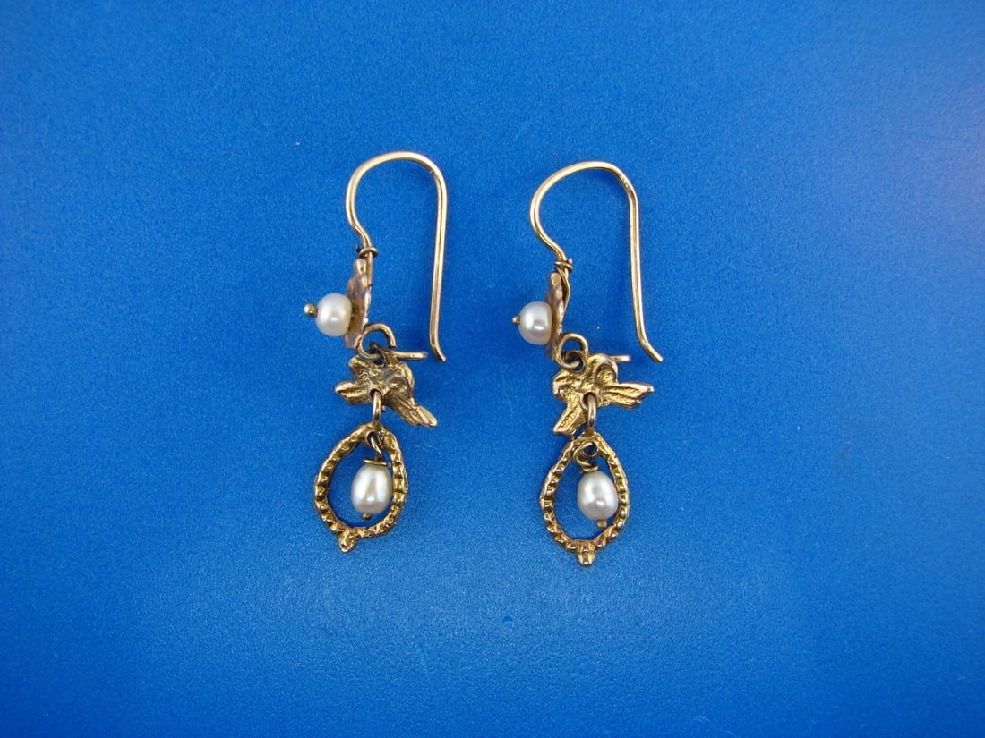 AMAZING 10k Yellow Gold Pearl Earrings, c. 1950 - 2