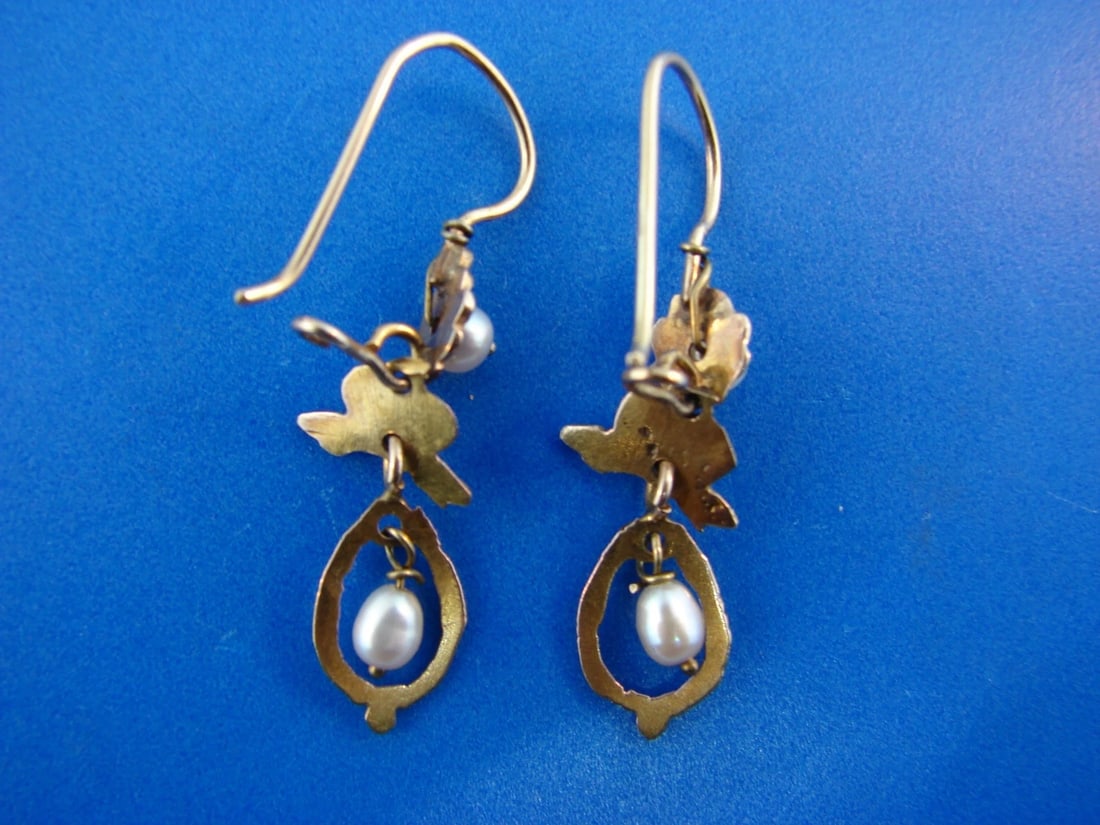 AMAZING 10k Yellow Gold Pearl Earrings, c. 1950 - 3