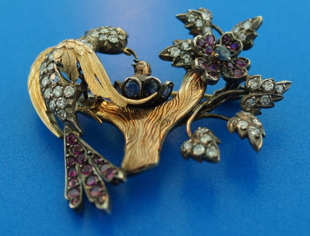 2.0CTS 18K GOLD SILVER DIAMOND SAPPHIRE RUBY VICTORIAN VINTAGE PIN BROOCH C.1900 (1 of 7)