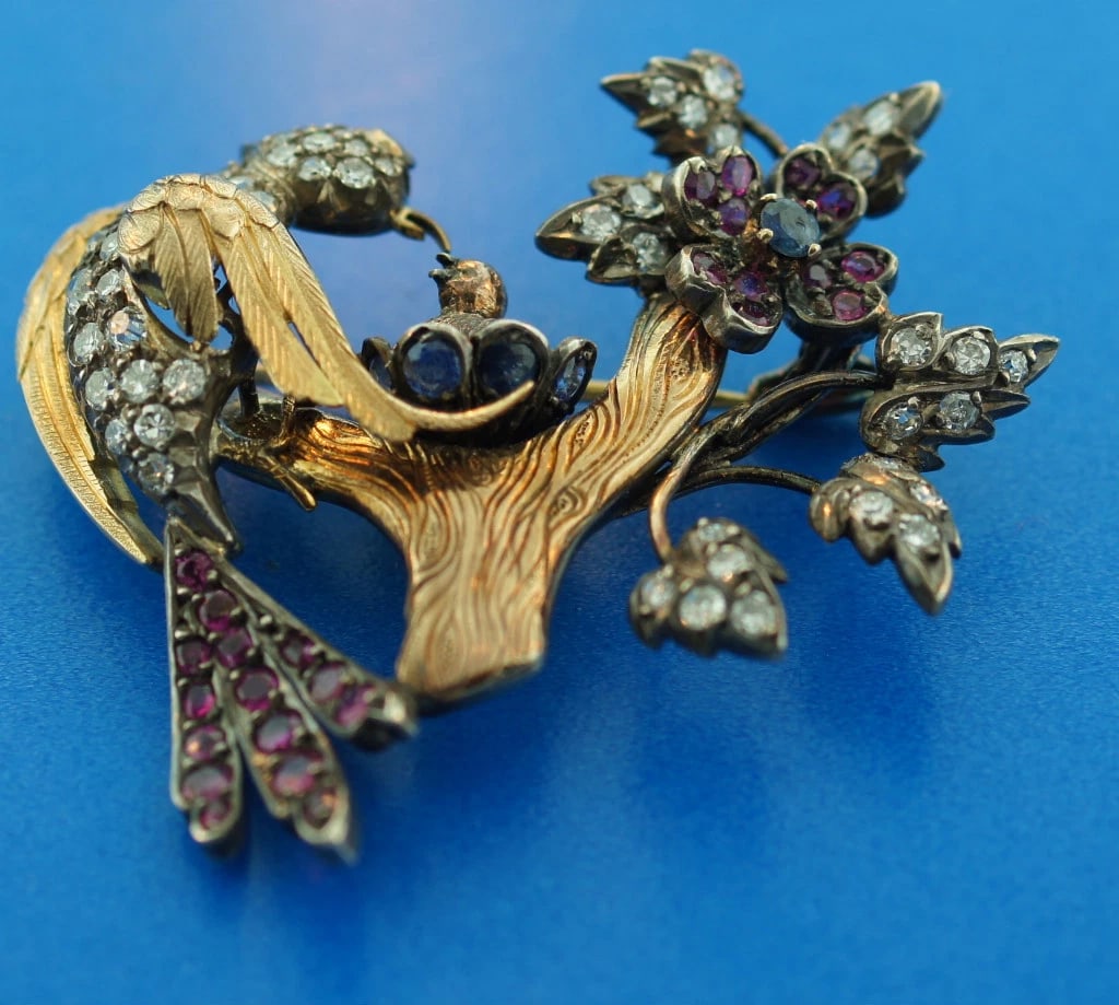 2.0CTS 18K GOLD SILVER DIAMOND SAPPHIRE RUBY VICTORIAN VINTAGE PIN BROOCH C.1900 - 2