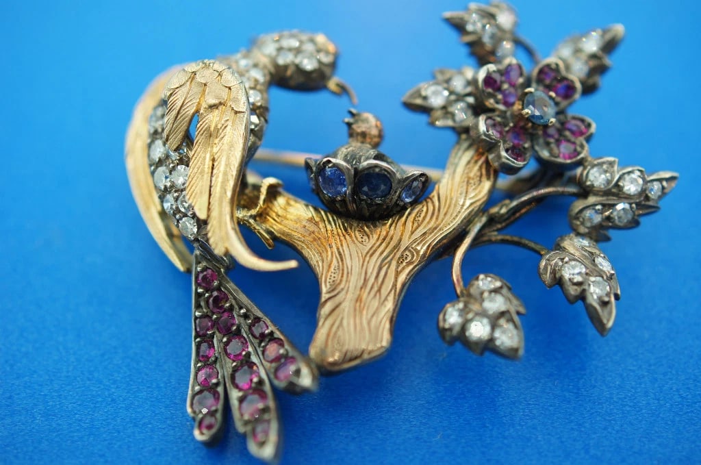 2.0CTS 18K GOLD SILVER DIAMOND SAPPHIRE RUBY VICTORIAN VINTAGE PIN BROOCH C.1900 - 7