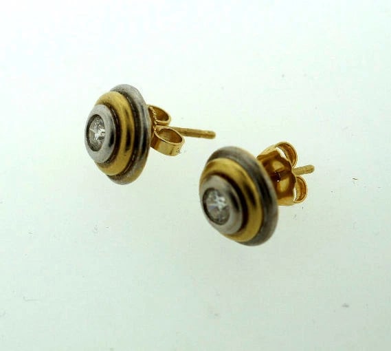 14K YELLOW WHITE GOLD STUD EARRINGS DIAMOND ROUND STYLISH - 5