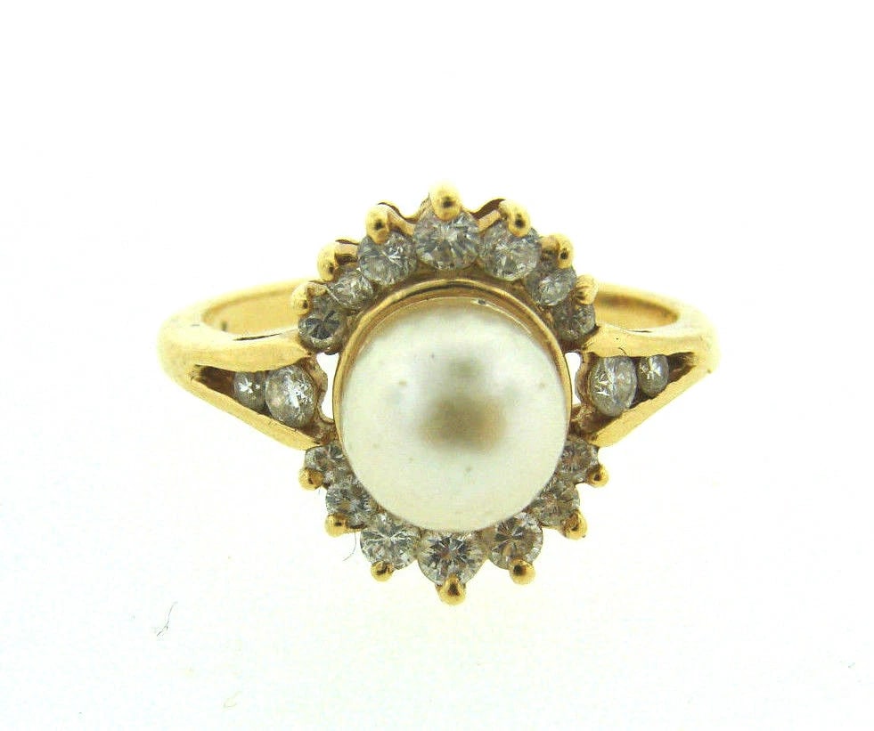 ADORABLE VINTAGE C1980 14K YELLOW GOLD DIAMOND PEARL RING STAMPED - 2