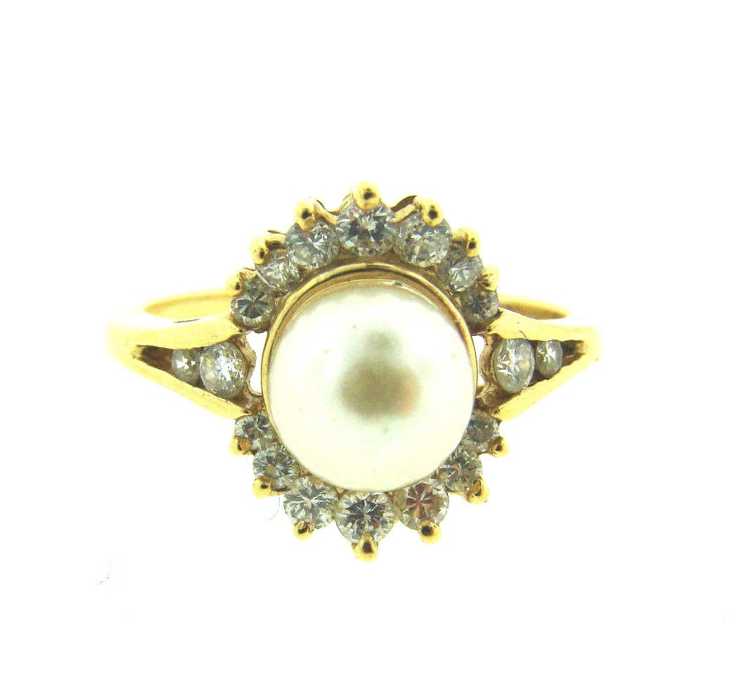 ADORABLE VINTAGE C1980 14K YELLOW GOLD DIAMOND PEARL RING STAMPED - 3