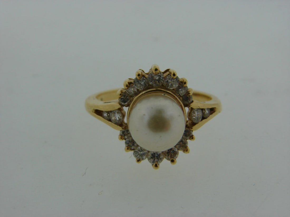 ADORABLE VINTAGE C1980 14K YELLOW GOLD DIAMOND PEARL RING STAMPED - 4