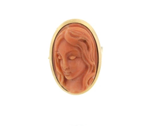 18K YELLOW GOLD CARVED CORAL RING C.1970 VINTAGE STAMPED - 2