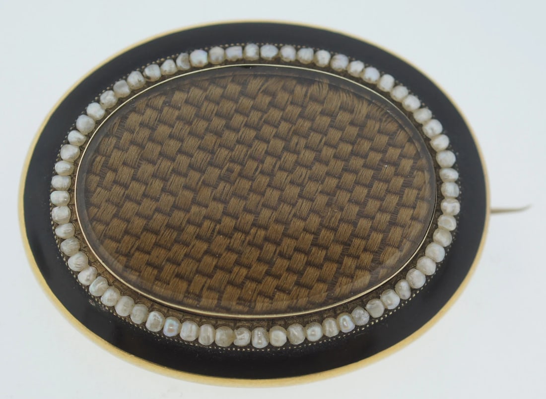 C.1900 VICTORIAN 18K YELLOW GOLD LOCKET BROOCH PIN ANTIQUE ENAMEL MOURNING PEARL - 3