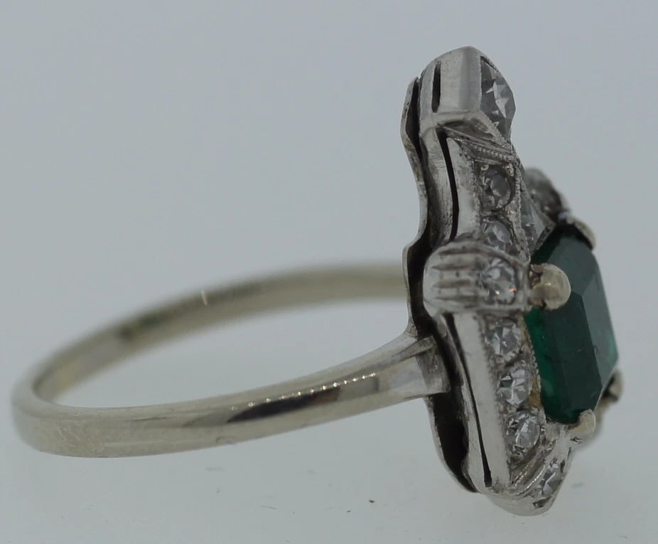 ART DECO C.1920 PLATINUM NATURAL COLUMBIAN EMERALD DIAMOND RING ENGAGEMENT - 3