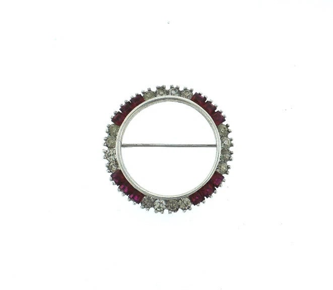 C.1920 STERLING SILVER PIN BROOCH RED & WHITE STONES PIN BROOCH STAMPED - 2