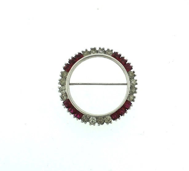 C.1920 STERLING SILVER PIN BROOCH RED & WHITE STONES PIN BROOCH STAMPED - 3