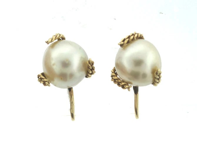 C.1950 14K YELLOW GOLD CULTURED PEARL EARRINGS STAMPED ADORABLE - 5