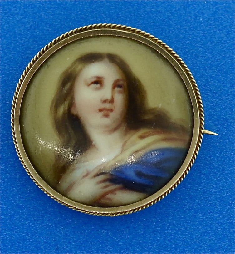 C.1900 UNIQUE 10K YELLOW GOLD PIN BROOCH HAND PAINTED ENAMEL EUROPEAN FRAME - 3