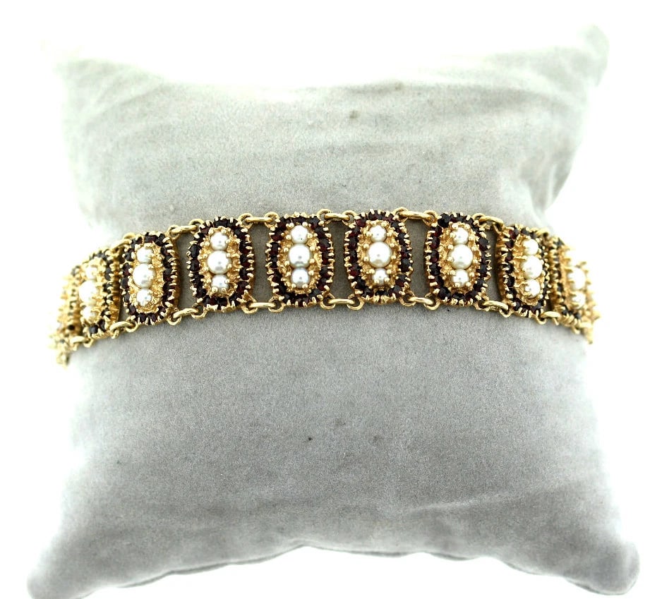 C.1950 VINTAGE 14K YELLOW GOLD GARNET PEARL BRACELET STAMPED UNIQUE - 5