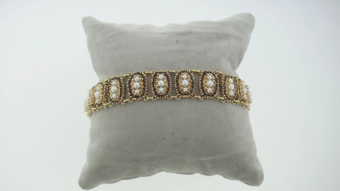 C.1950 VINTAGE 14K YELLOW GOLD GARNET PEARL BRACELET STAMPED UNIQUE - 6