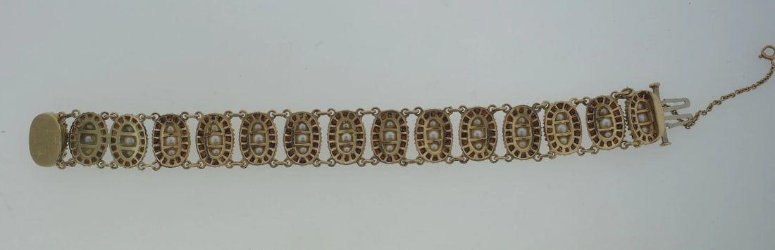 C.1950 VINTAGE 14K YELLOW GOLD GARNET PEARL BRACELET STAMPED UNIQUE - 8