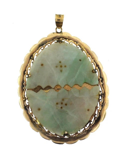 C.1950 CARVED JADE 14K YELLOW GOLD BIG VINTAGE PENDANT UNIQUE: Title: C.1950 CARVED JADE 14K YELLOW GOLD BIG VINTAGE PENDANT UNIQUE Description: Fine Jewelry, Arts & Antiques Purveyors and Purchasers of Antique and Estate Pieces N-NOO 14K YELLOW