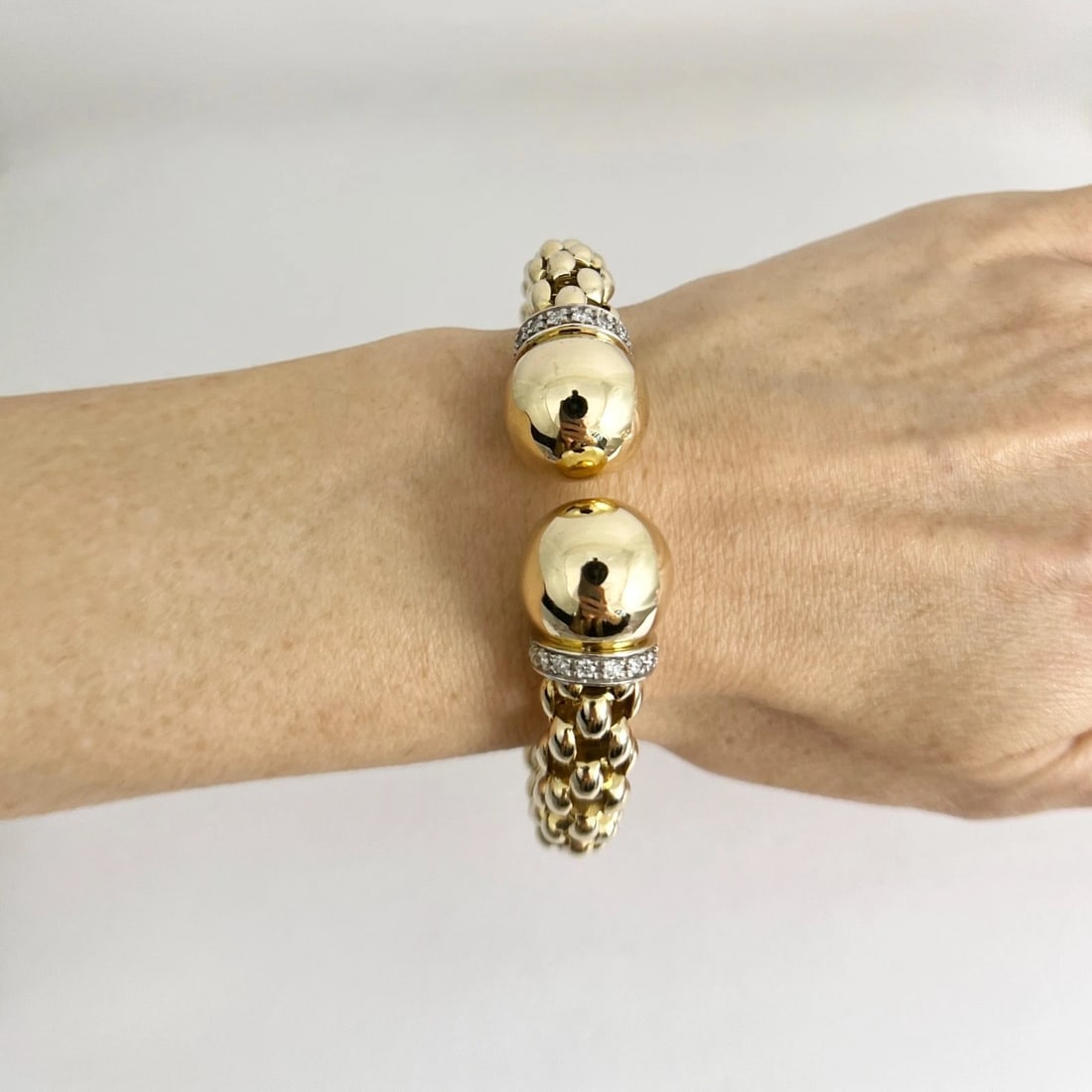 Diamond Gold Ball Cuff Flex Bangle Bracelet 18K Yellow Gold, 43.12 Grams - 6