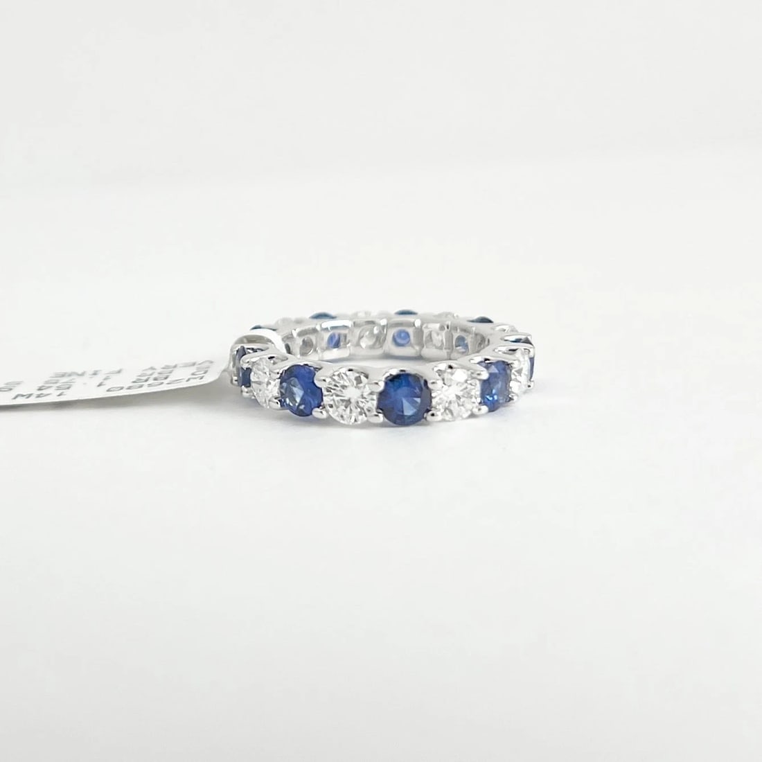 Round Blue Sapphire Diamond Eternity Band Ring 14K White Gold, 3.29 CTW, Size 5 - 7