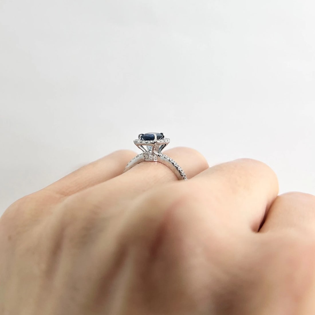 Cushion Blue Sapphire Diamond Halo Ring 18K White Gold 1.27 CTW - 5