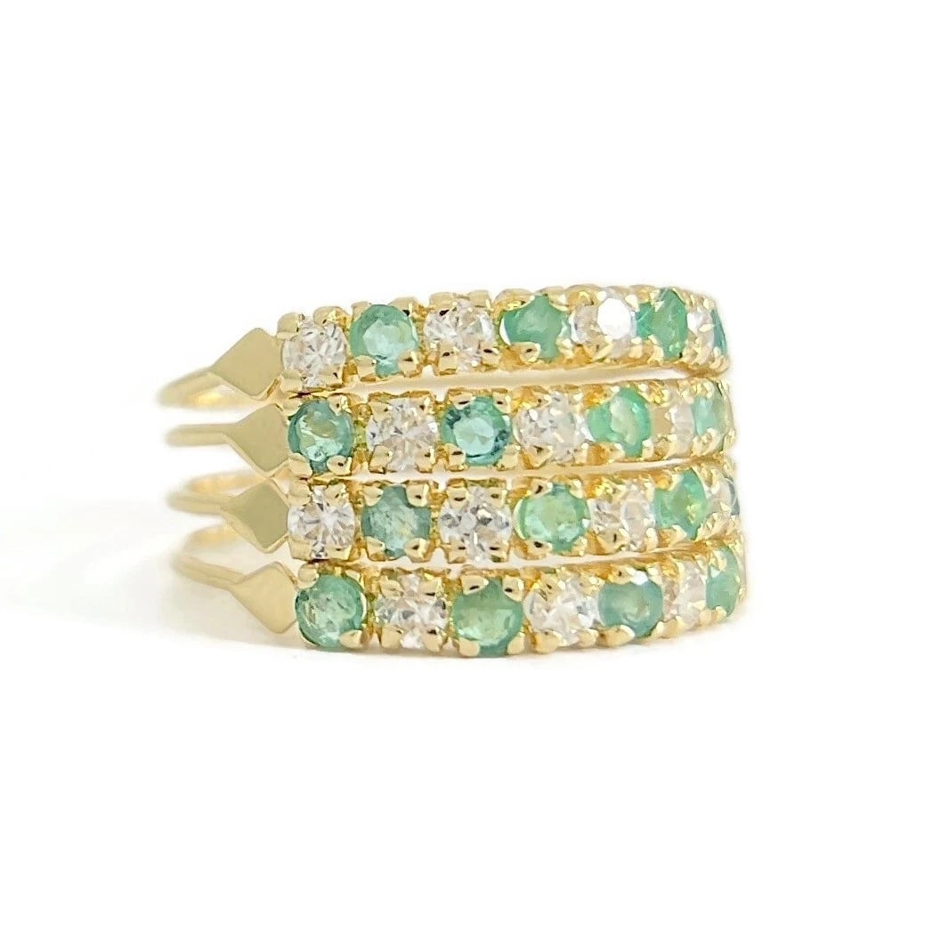 Estate Green Emerald Gemstone CZ Stacked Ring Set 14K Yellow Gold, 3.58 Grams - 2