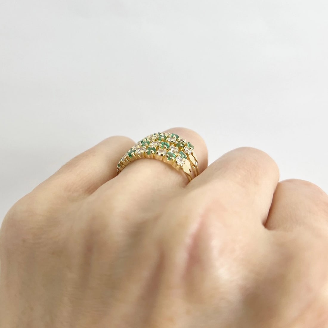 Estate Green Emerald Gemstone CZ Stacked Ring Set 14K Yellow Gold, 3.58 Grams - 5