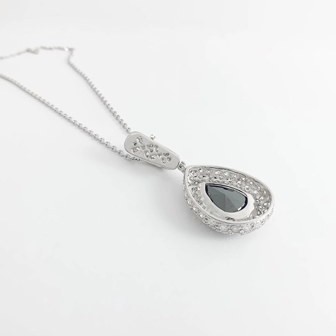 Black White Diamond Halo Teardrop Pendant Necklace 18K White Gold, 16.30 CTW - 10