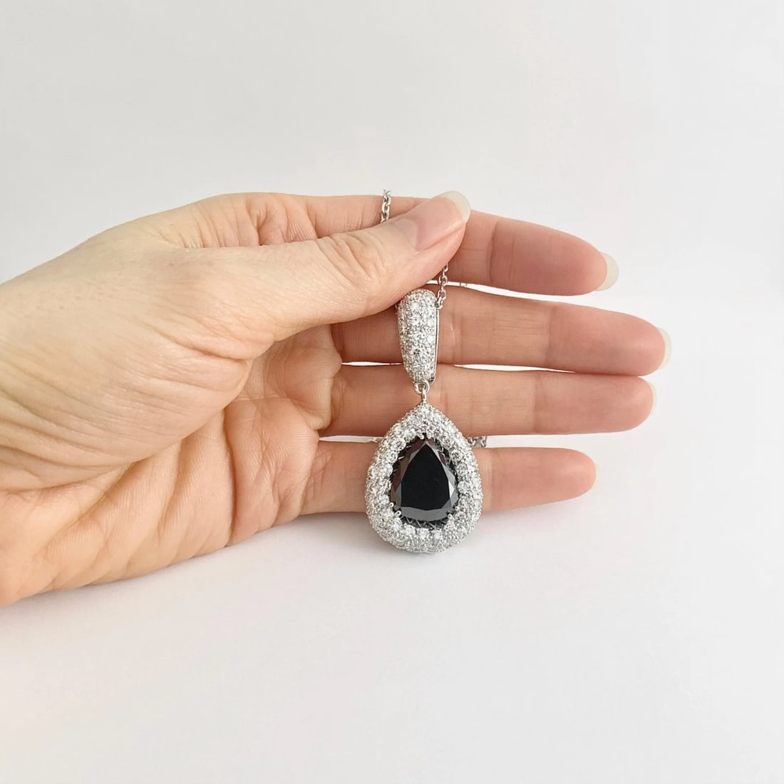 Black White Diamond Halo Teardrop Pendant Necklace 18K White Gold, 16.30 CTW - 4