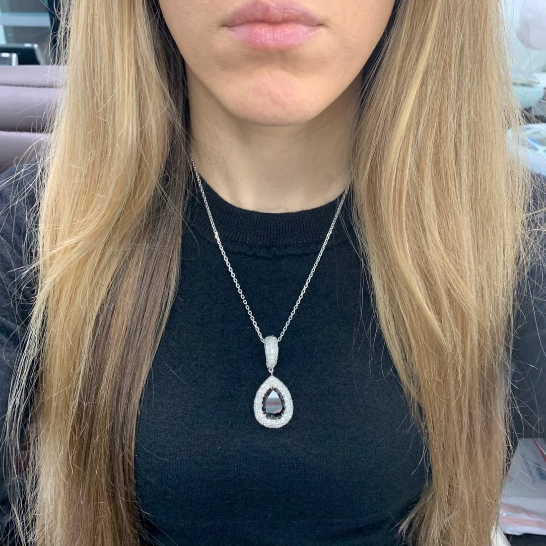 Black White Diamond Halo Teardrop Pendant Necklace 18K White Gold, 16.30 CTW - 5