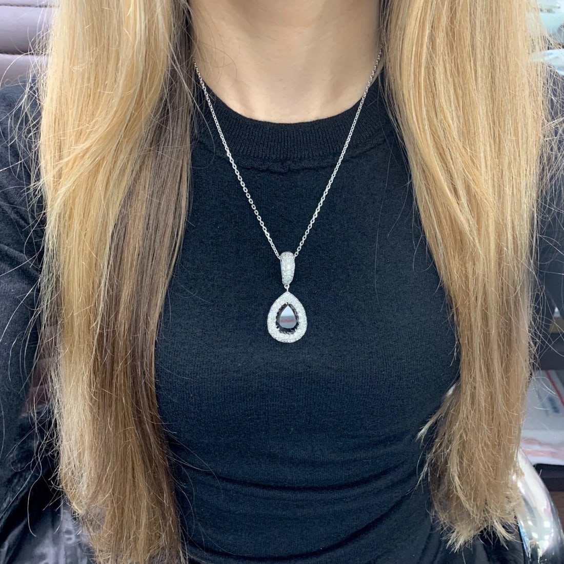 Black White Diamond Halo Teardrop Pendant Necklace 18K White Gold, 16.30 CTW - 6