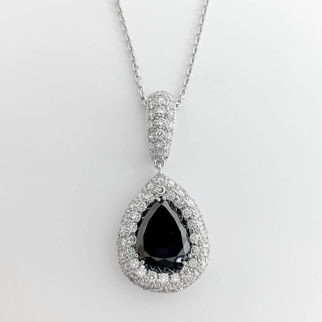 Black White Diamond Halo Teardrop Pendant Necklace 18K White Gold, 16.30 CTW - 8