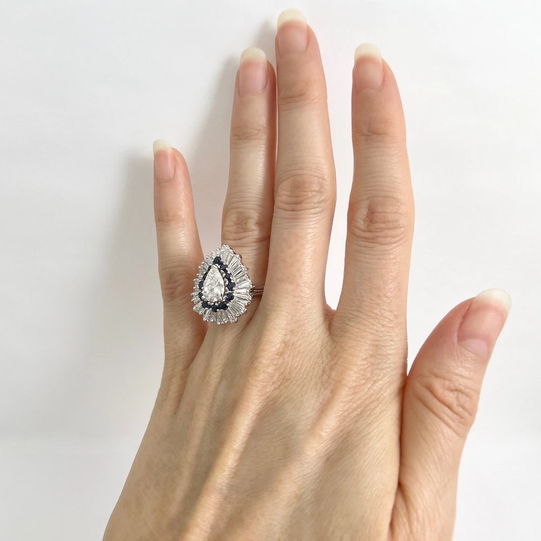 Pear Diamond Baguette Halo Blue Sapphire Cocktail Ring, Platinum, 3.84 CTW - 4