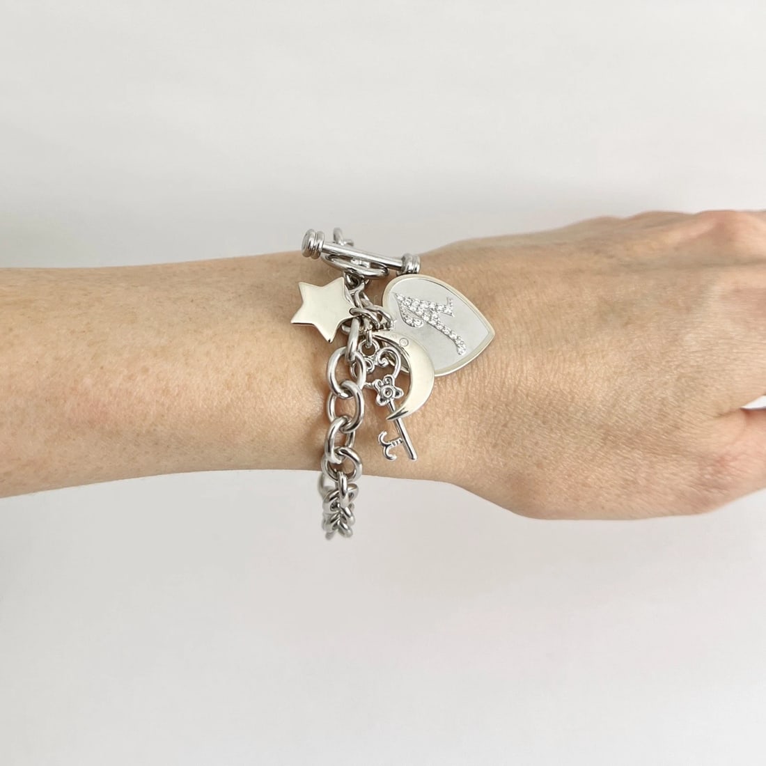 Estate Letter A Diamond Heart Moon Key Charm Bracelet 14K White Gold, 27.24 Gram - 5