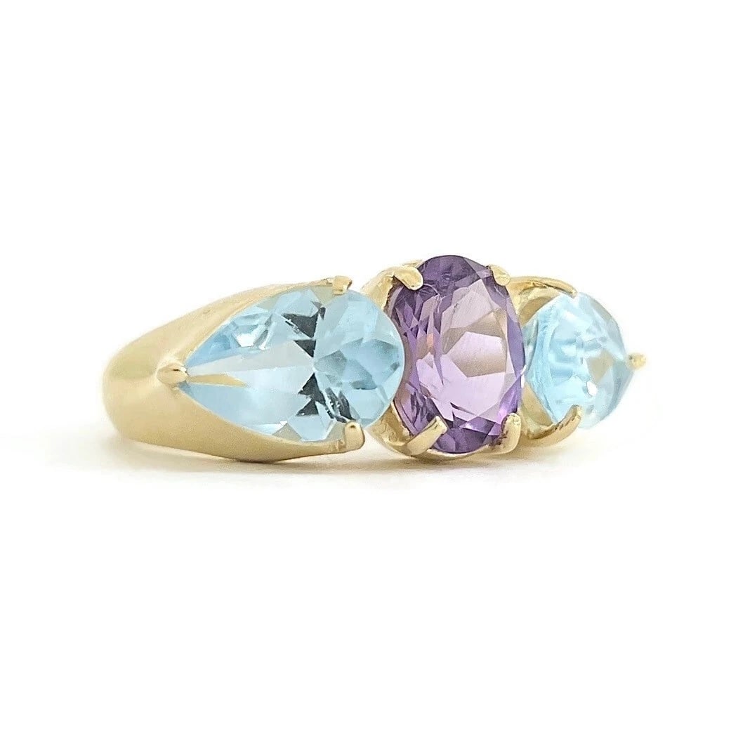 3-Stone Purple Amethyst Blue Topaz Statement Ring 14K Yellow Gold, 5.64 Grams - 2